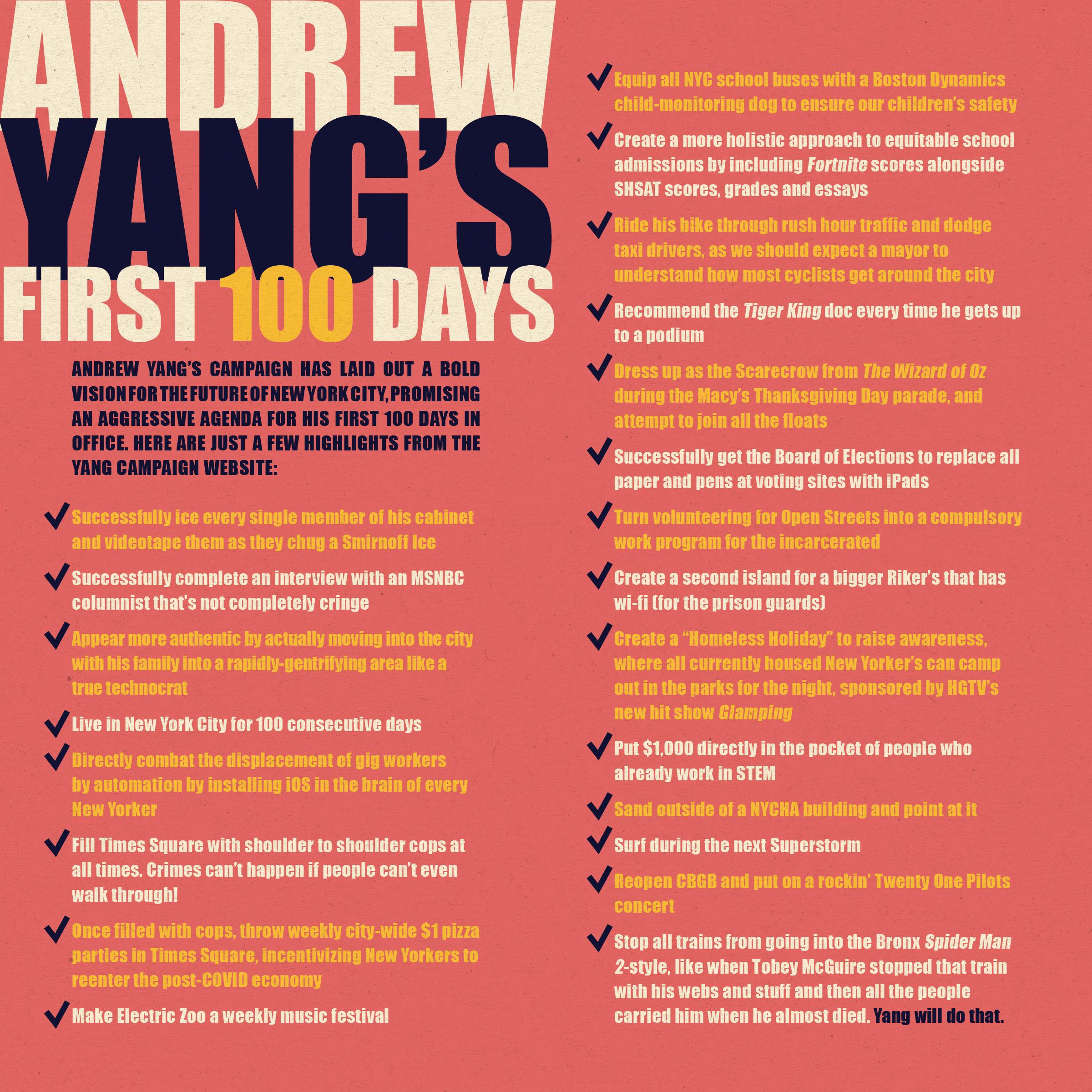Yang’s First 100 Days